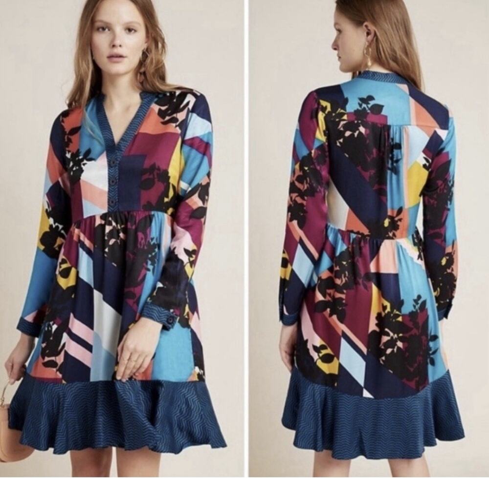 Anthropologie Maeve Gillian Abstract Colorblock Shirt Dress Size s